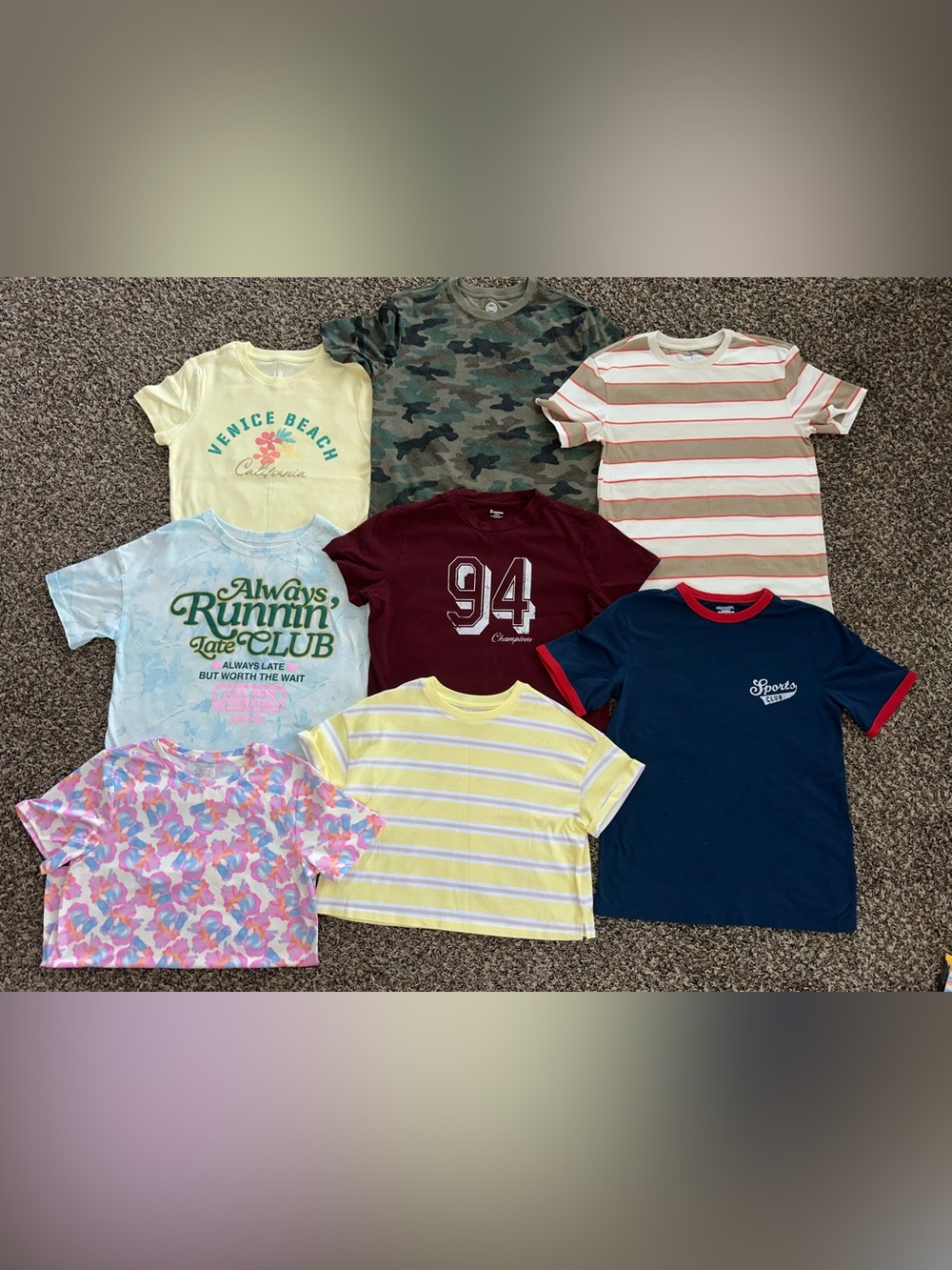 short-sleeve graphic/striped t-shirts (8)- size 16/18 (youth) women’s XS/S